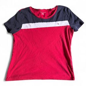 Tommy Hilfiger Women's XL T-Shirt Red Navy Blue White Color block Cotton Tee Top